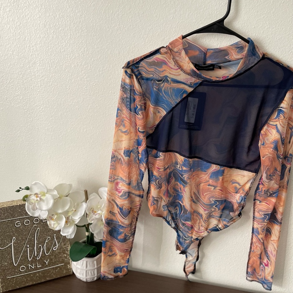 Blue Asymmetric Marble Mesh Bodysuit